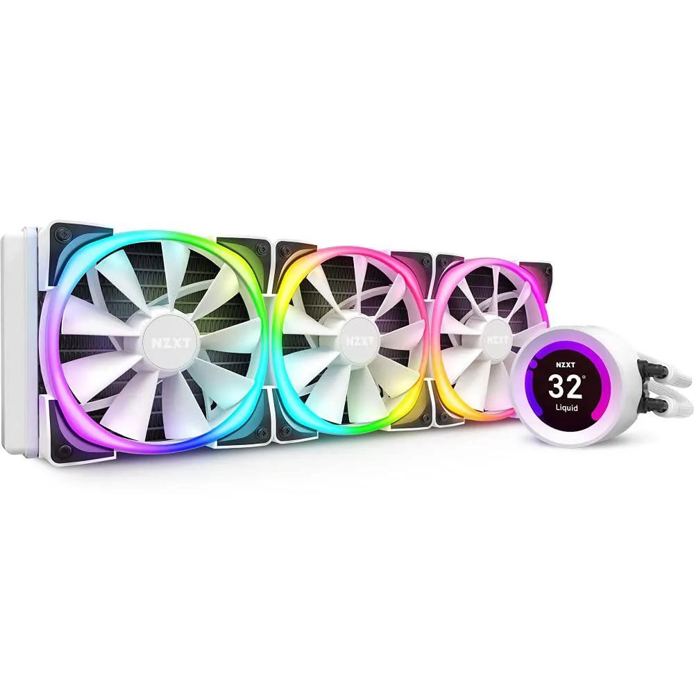 White 360 mm AIO liquid cooler with 2.36 inch LCD pump head and three 120 mm RGB fans