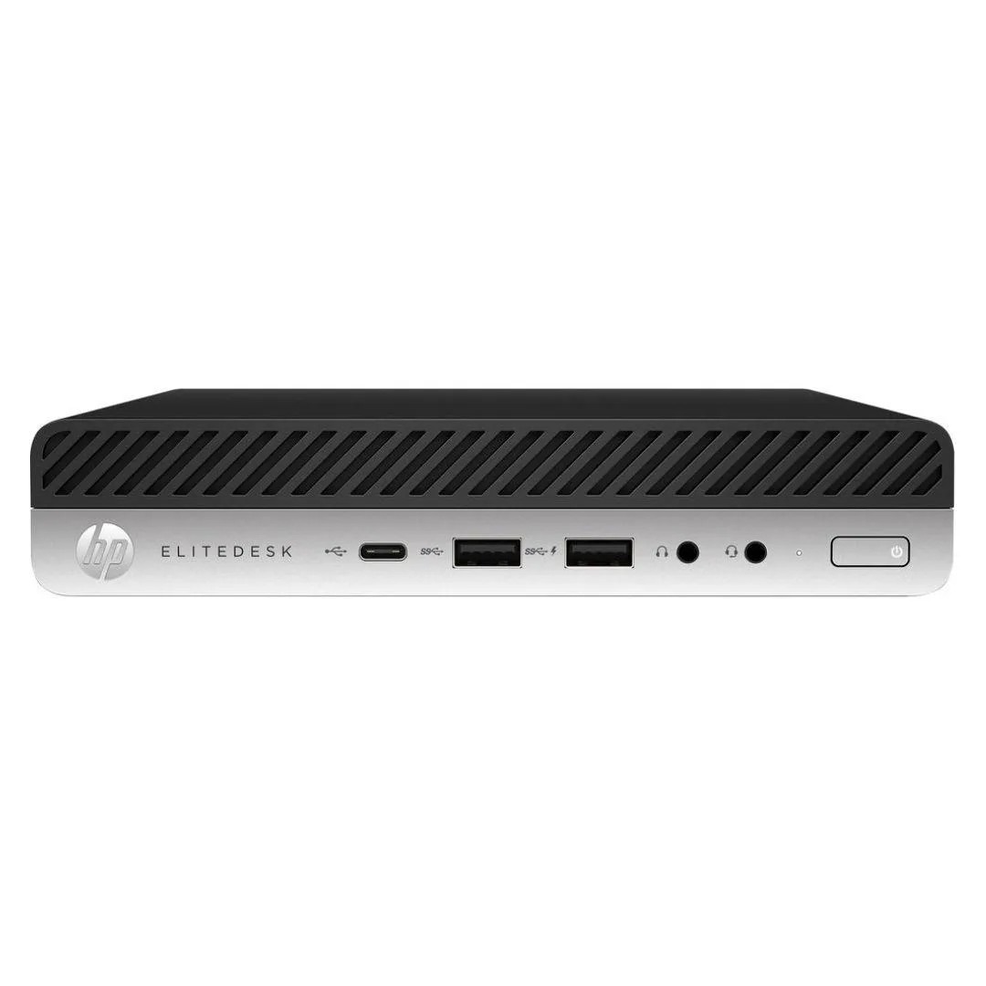 Small black mini desktop computer, compact rectangular shape, matte finish