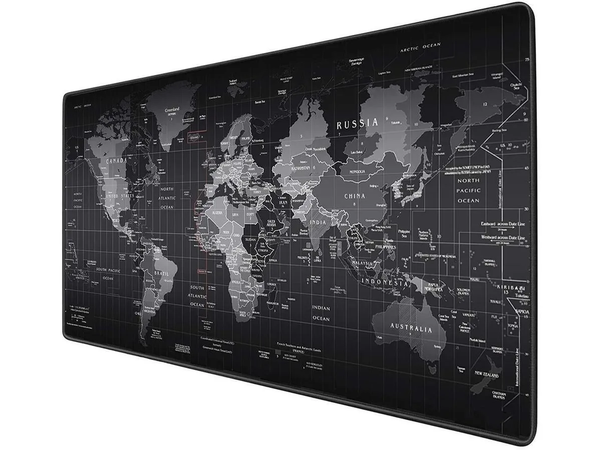 Rectangular world-map desk mat, 31.5 by 11.8 inches, stitched edges, rubber base