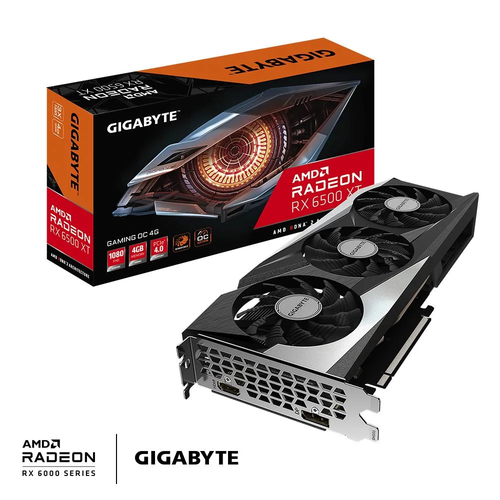Gigabyte Radeon RX 6500 XT dual-slot graphics card with black metal shroud and two axial fans