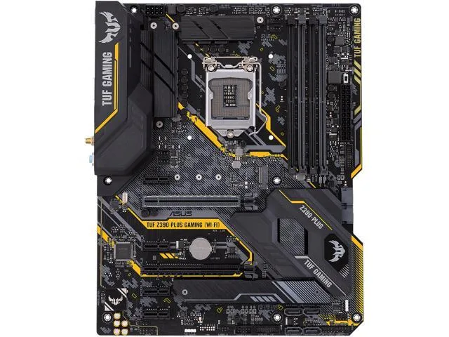 ATX motherboard with black PCB, grey heatsinks and metal-reinforced PCIe slots