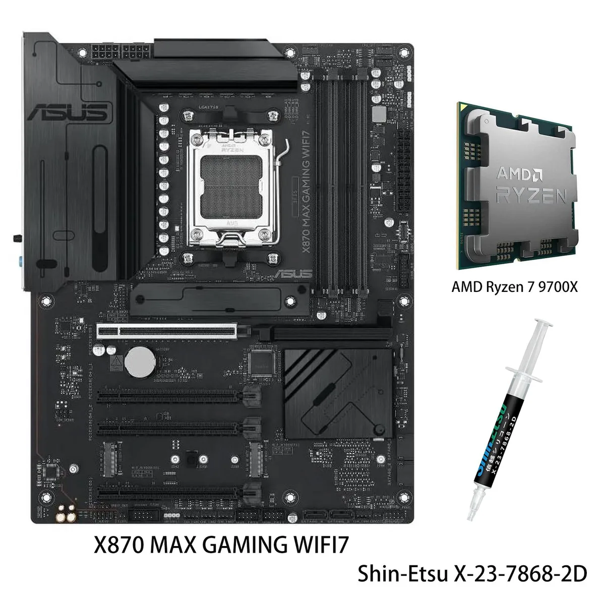 ASUS X870 motherboard with Ryzen 7 9700X CPU installed, black PCB, silver heatsinks, ATX form factor