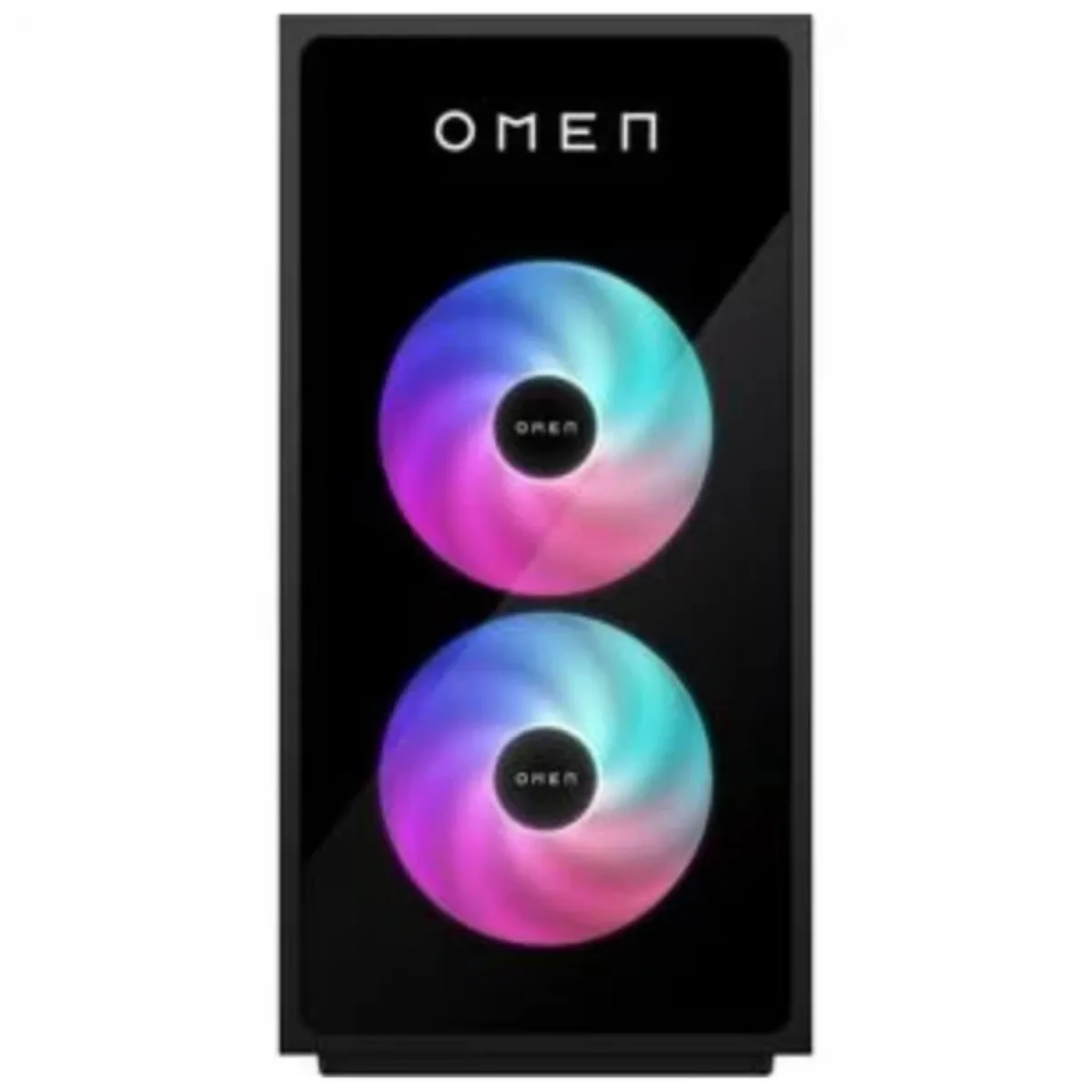 Black mid-tower gaming desktop with OMEN branding