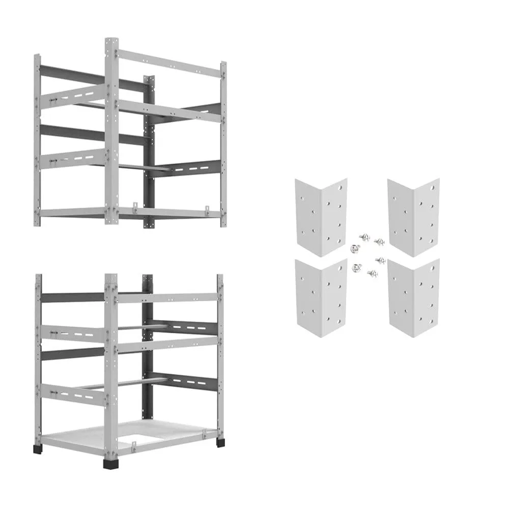 White open-frame mining rig with stacked metal shelves, rubber feet, and brackets for twelve graphics cards