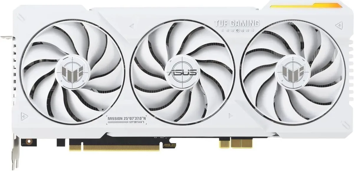 White graphics card with three axial fans and metal exoskeleton visible from front