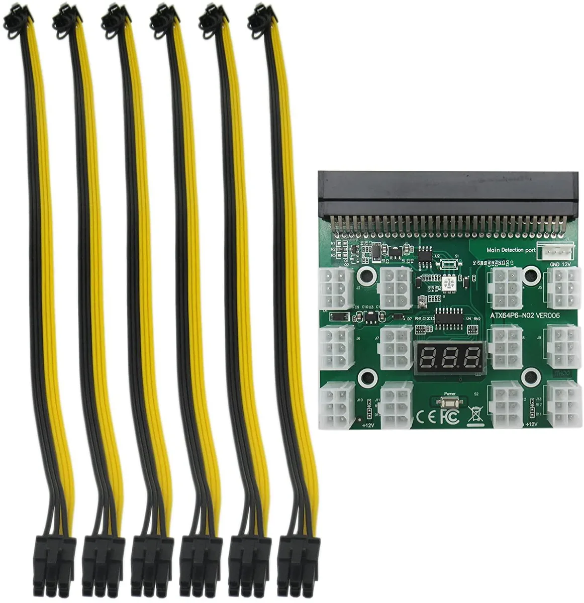A green circuit board with six 8-pin GPU power cables attached