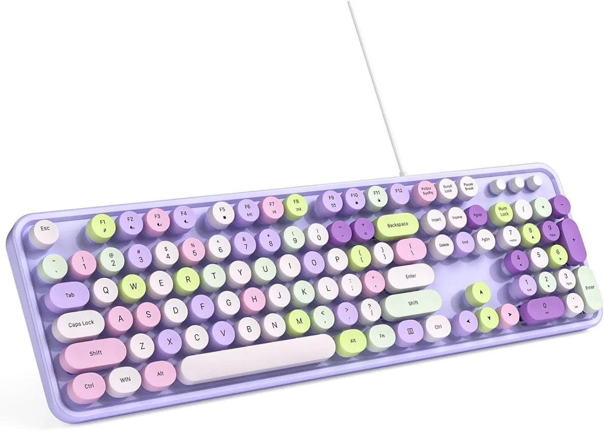 Purple full-size wired keyboard with round retro typewriter keycaps and foldable stands