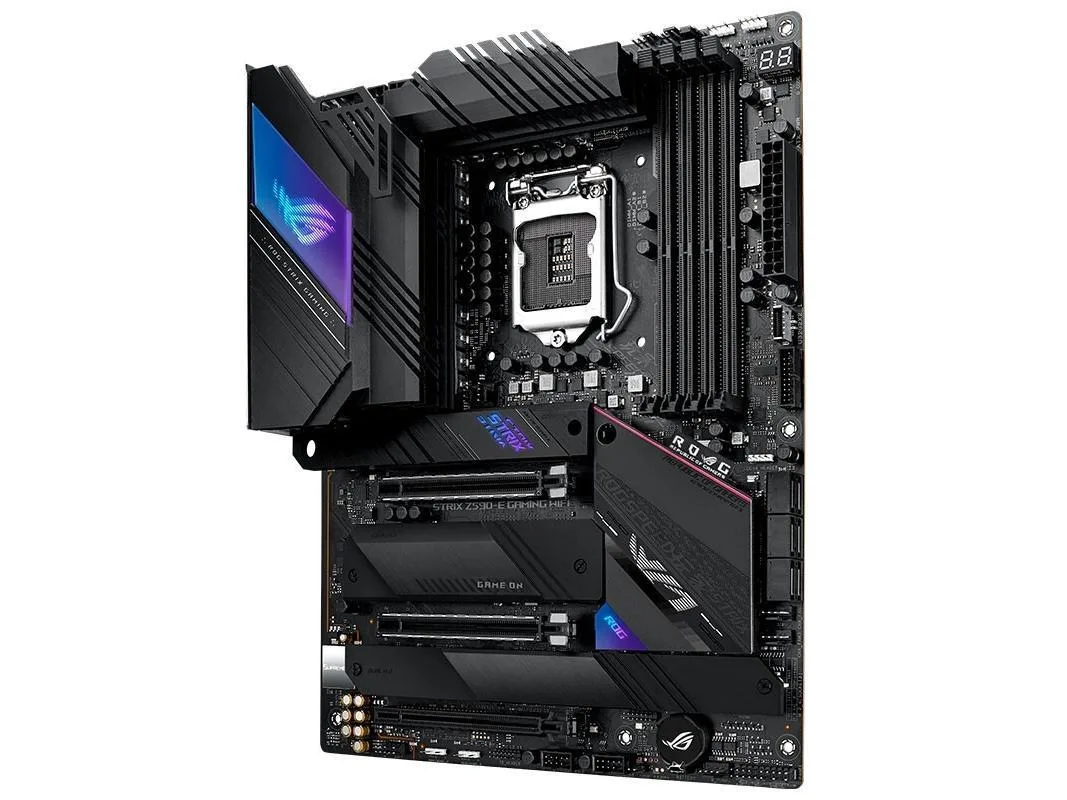 Black ATX motherboard with silver heatsinks and rear I/O shield