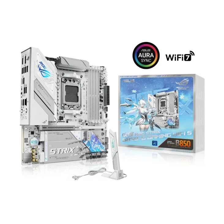 ASUS ROG Strix B850-G Gaming WiFi S mATX motherboard, black PCB with silver heatsinks and RGB lighting