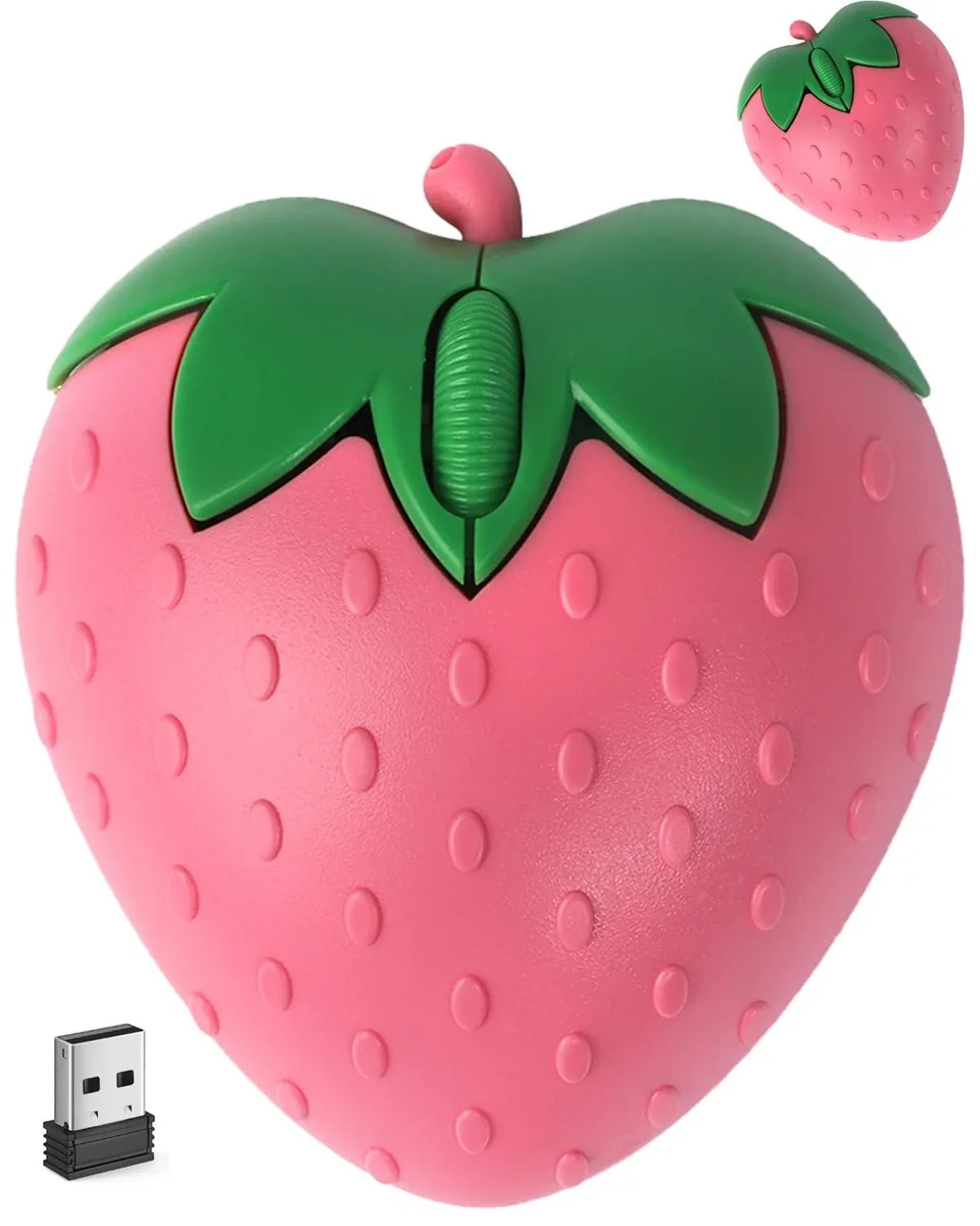 Pink strawberry-shaped wireless mouse, compact ergonomic form, glossy finish