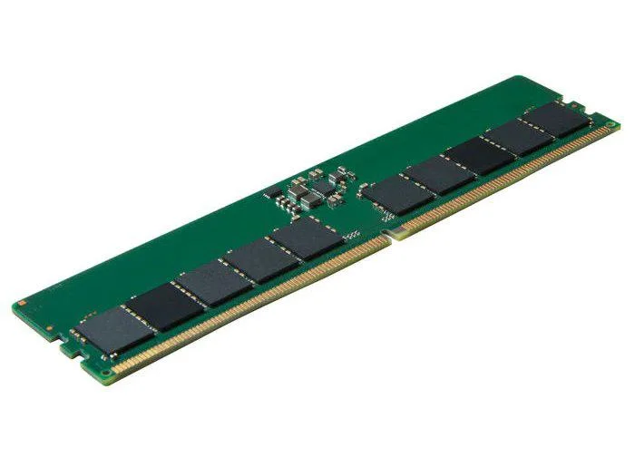 Green circuit board with black memory chips and gold edge connectors