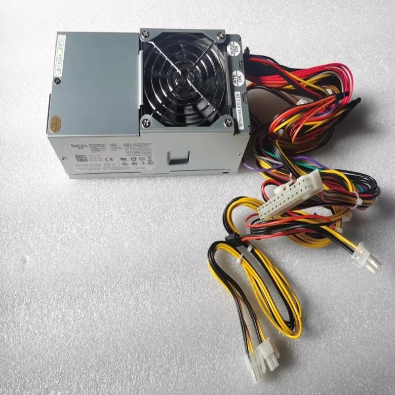 Rectangular silver ATX power supply unit with cooling fan and cable bundle