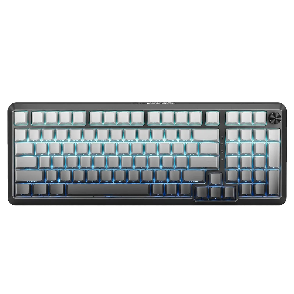 Black wireless mechanical keyboard with side-printed PBT keycaps, rotary knob and RGB backlighting