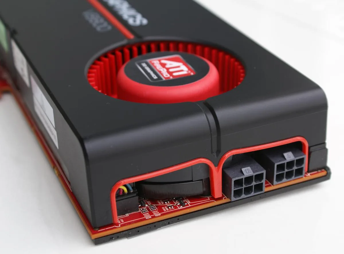Full-height dual-slot graphics card with four DisplayPort outputs