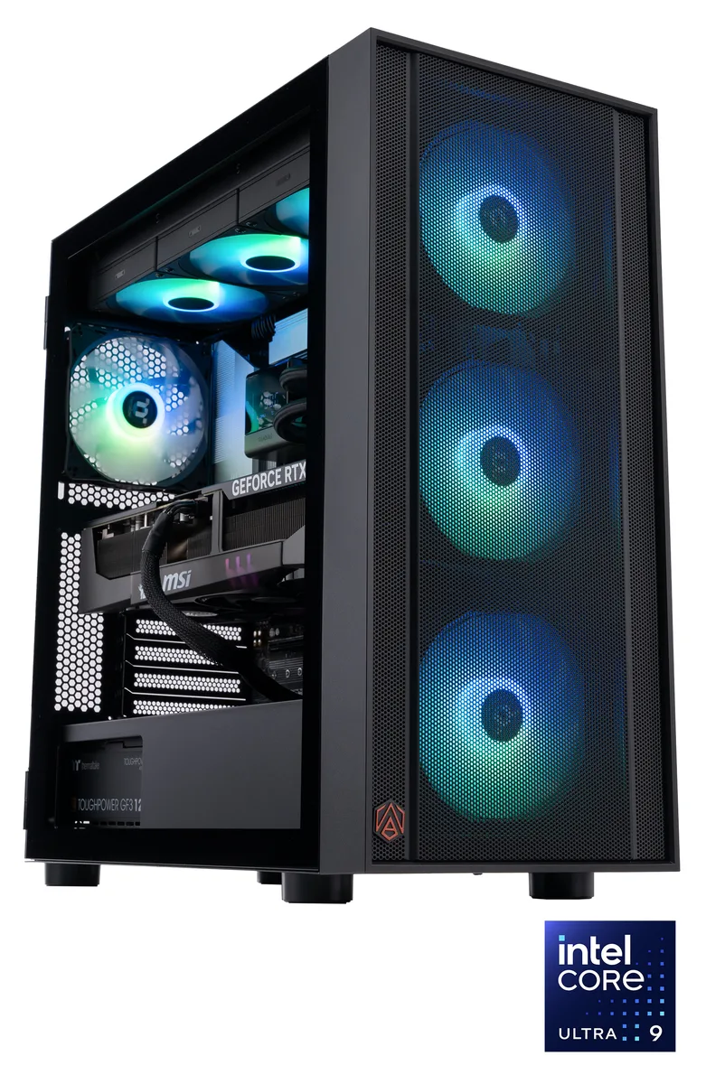 Black mid-tower gaming desktop with liquid cooler visible through side panel