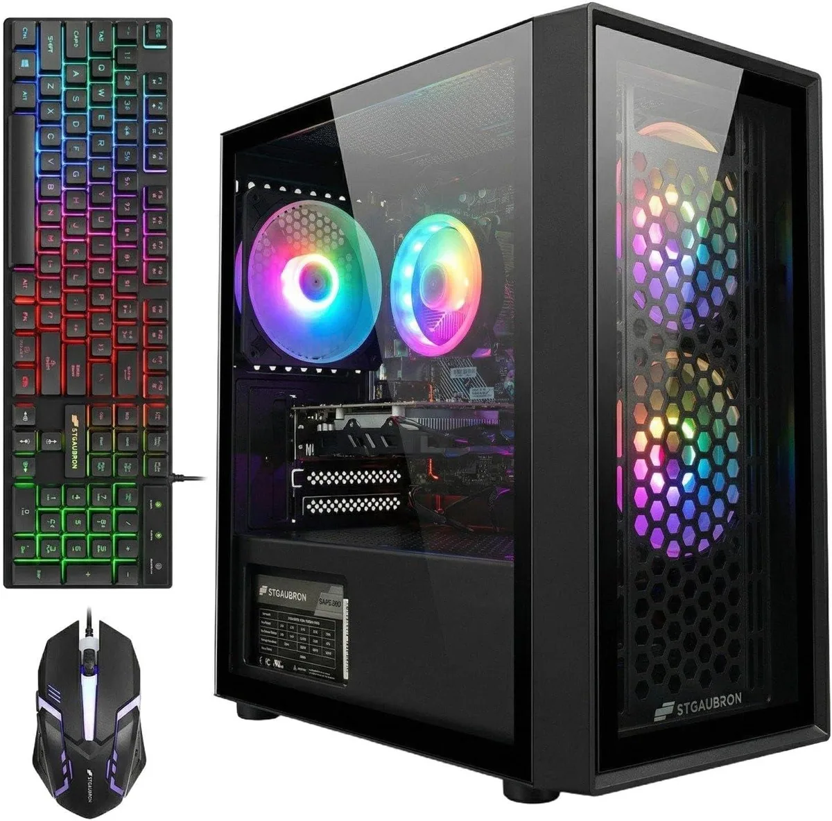 Black tower desktop with three RGB fans visible through side panel