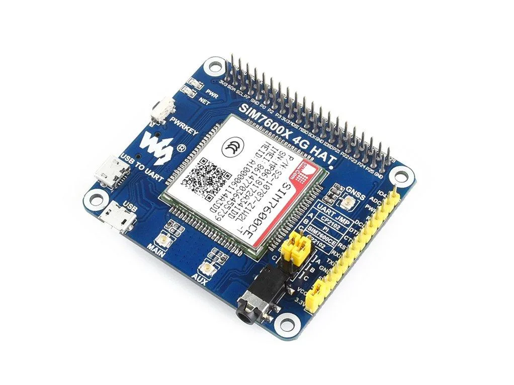 Green rectangular PCB with 40-pin GPIO header, SIM and TF card slots, USB port, audio jack, two LEDs, and a silver shielded module