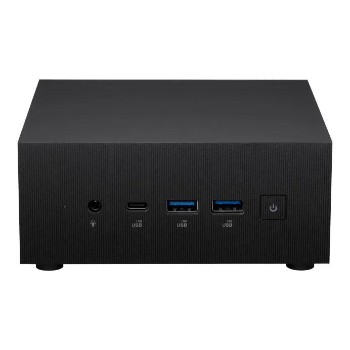 Small black square mini PC barebone, matte finish, front USB-C and two USB-A ports, audio jack, RGB indicator light