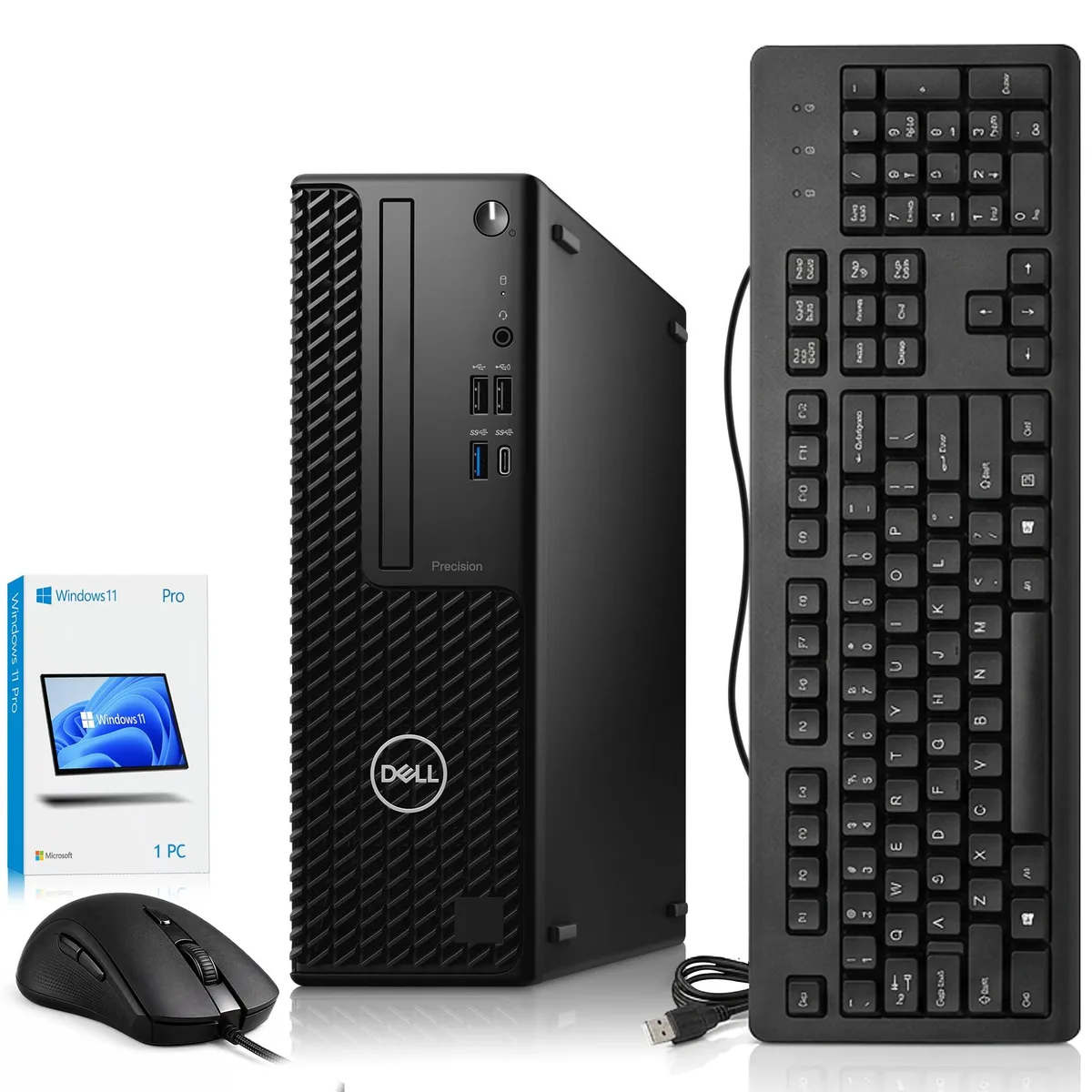 Small black desktop tower with keyboard and mouse