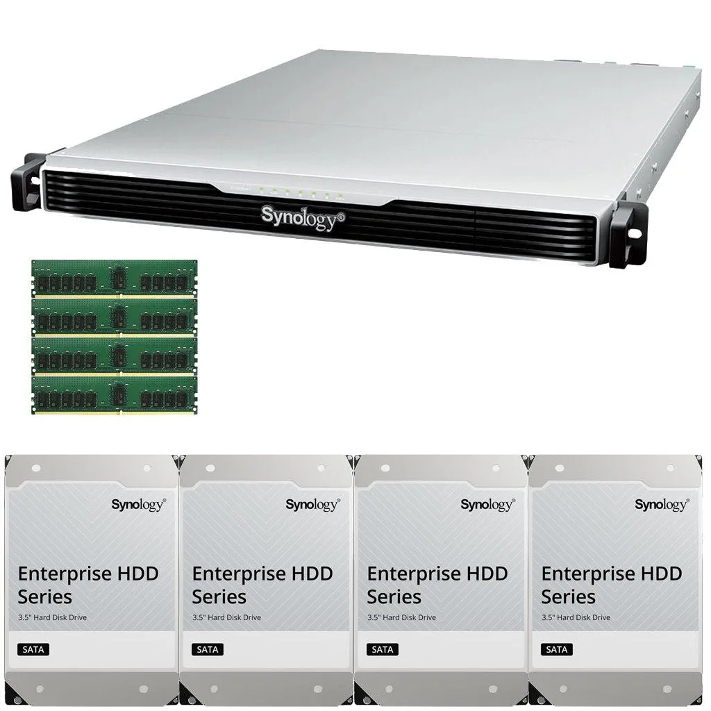 Silver 1U rackmount NAS, four drive bays, front cover installed