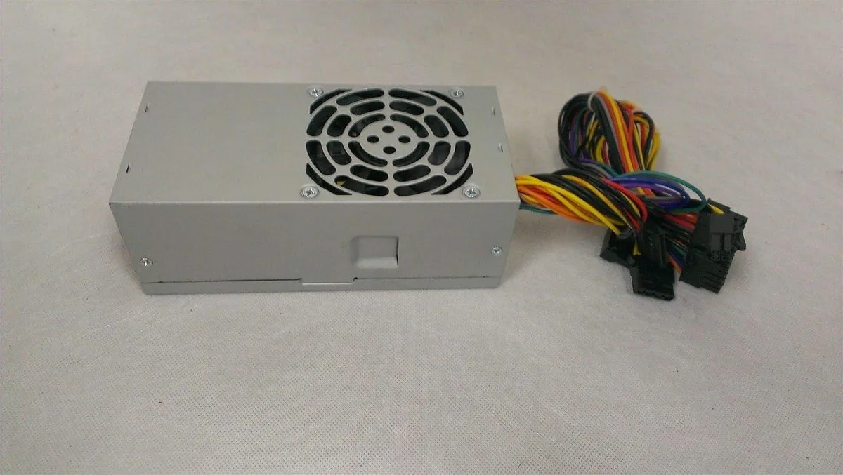 Compact TFX power supply unit with side-mounted 80mm fan and multiple cable connectors