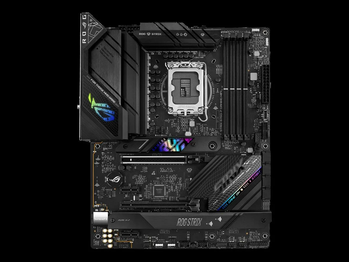 ATX motherboard in black with silver heatsinks and white ROG branding