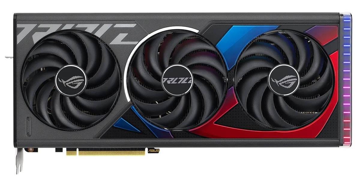 Large triple-fan graphics card with vented metal backplate, 3.15-slot thickness