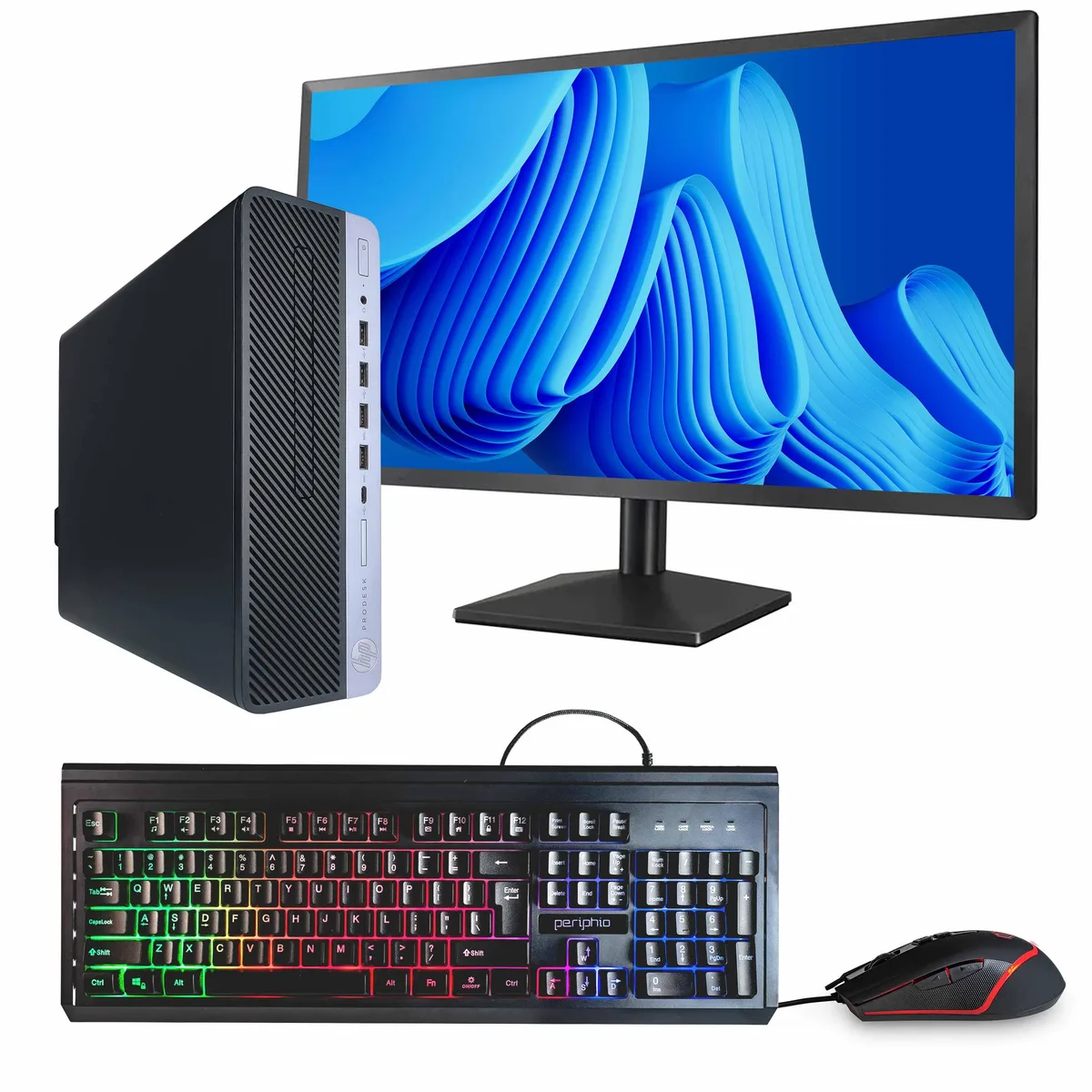 Black HP ProDesk 600 G5 tower with 24 inch monitor