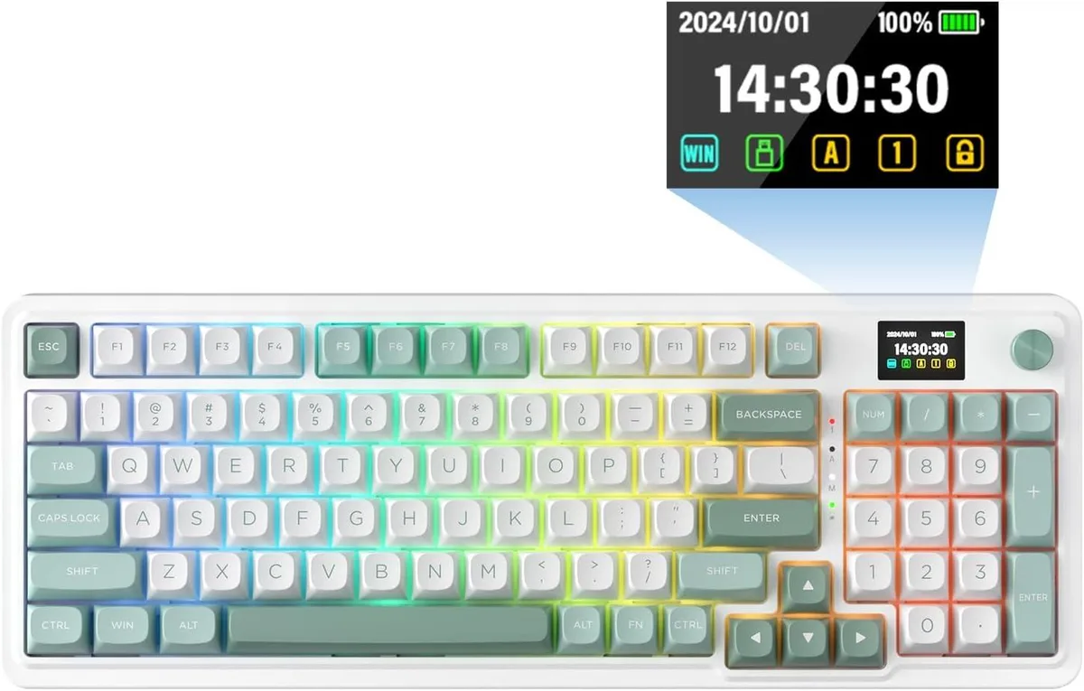 Redragon K719 95-key wireless keyboard in Jade Cloud finish with 1.41 in TFT screen and rotary knob