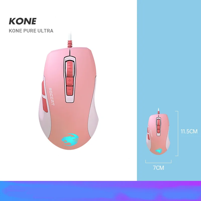 Pink right-handed wired gaming mouse with honeycomb shell and RGB lighting