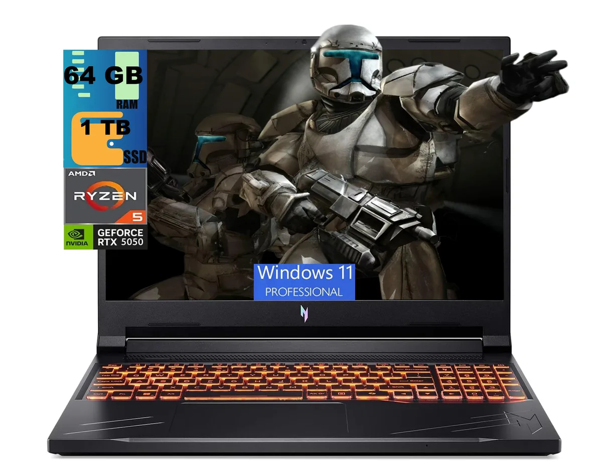 Black 16 inch gaming laptop with backlit keyboard