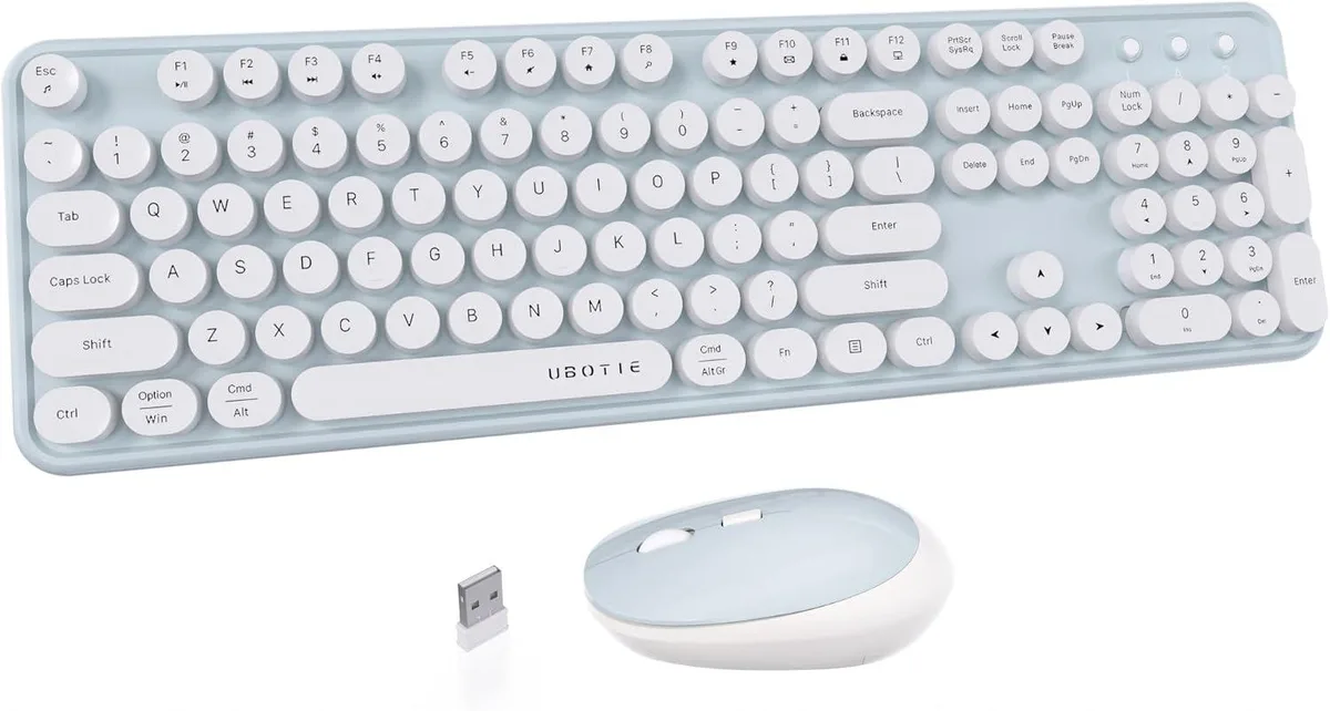 Green-white wireless keyboard and mouse set with round retro keycaps and mirror finish