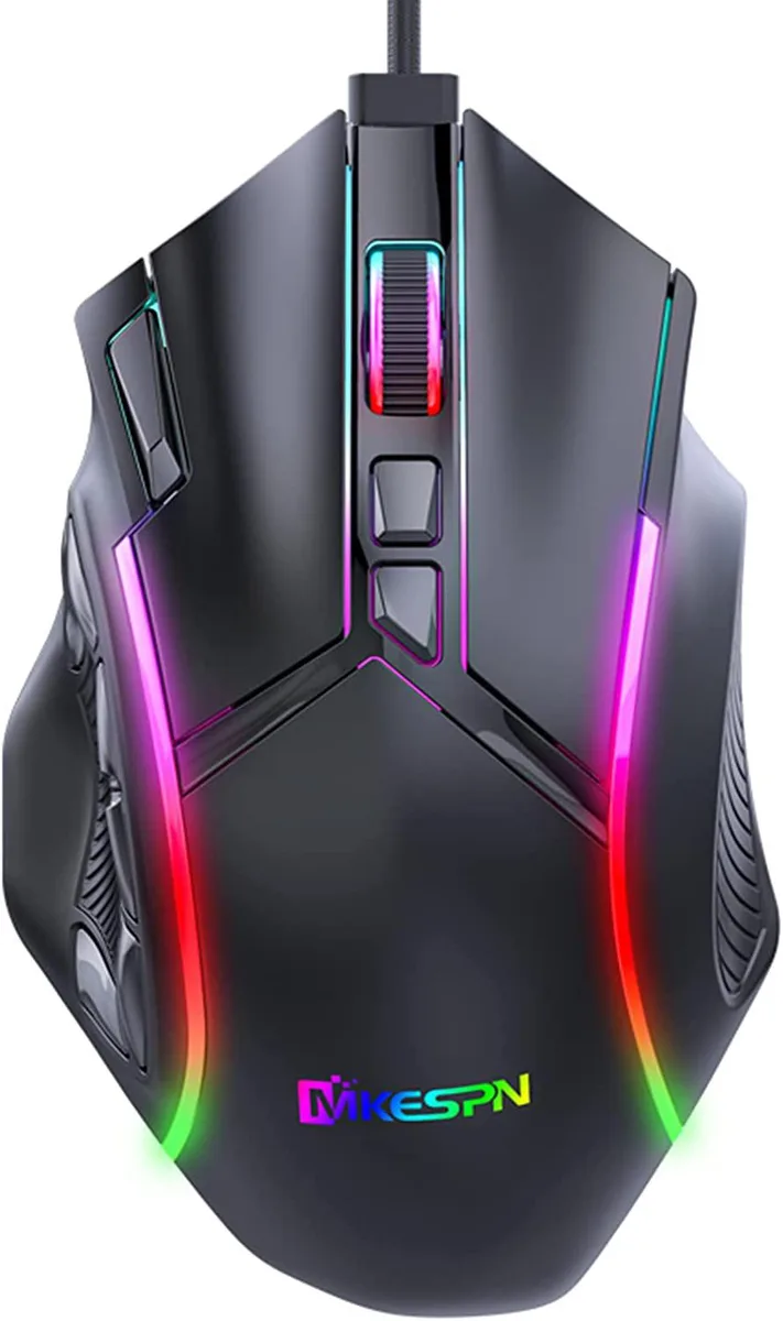 Black ergonomic gaming mouse with 12 buttons, RGB lighting, braided USB cable