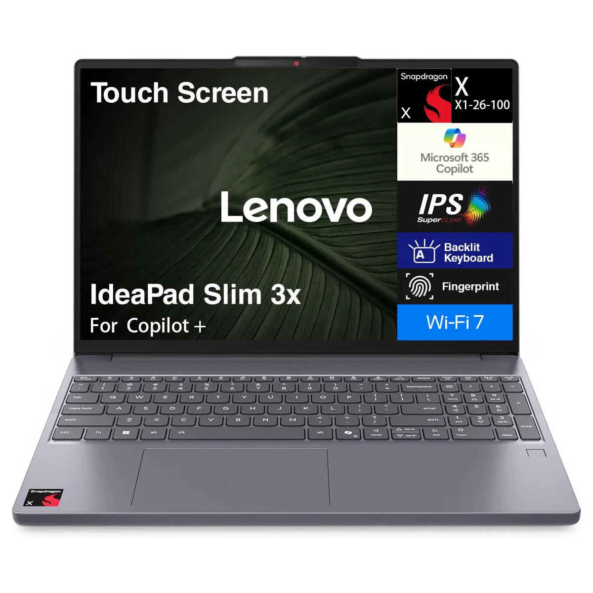 Slim silver-grey laptop with 15.3 inch touchscreen display