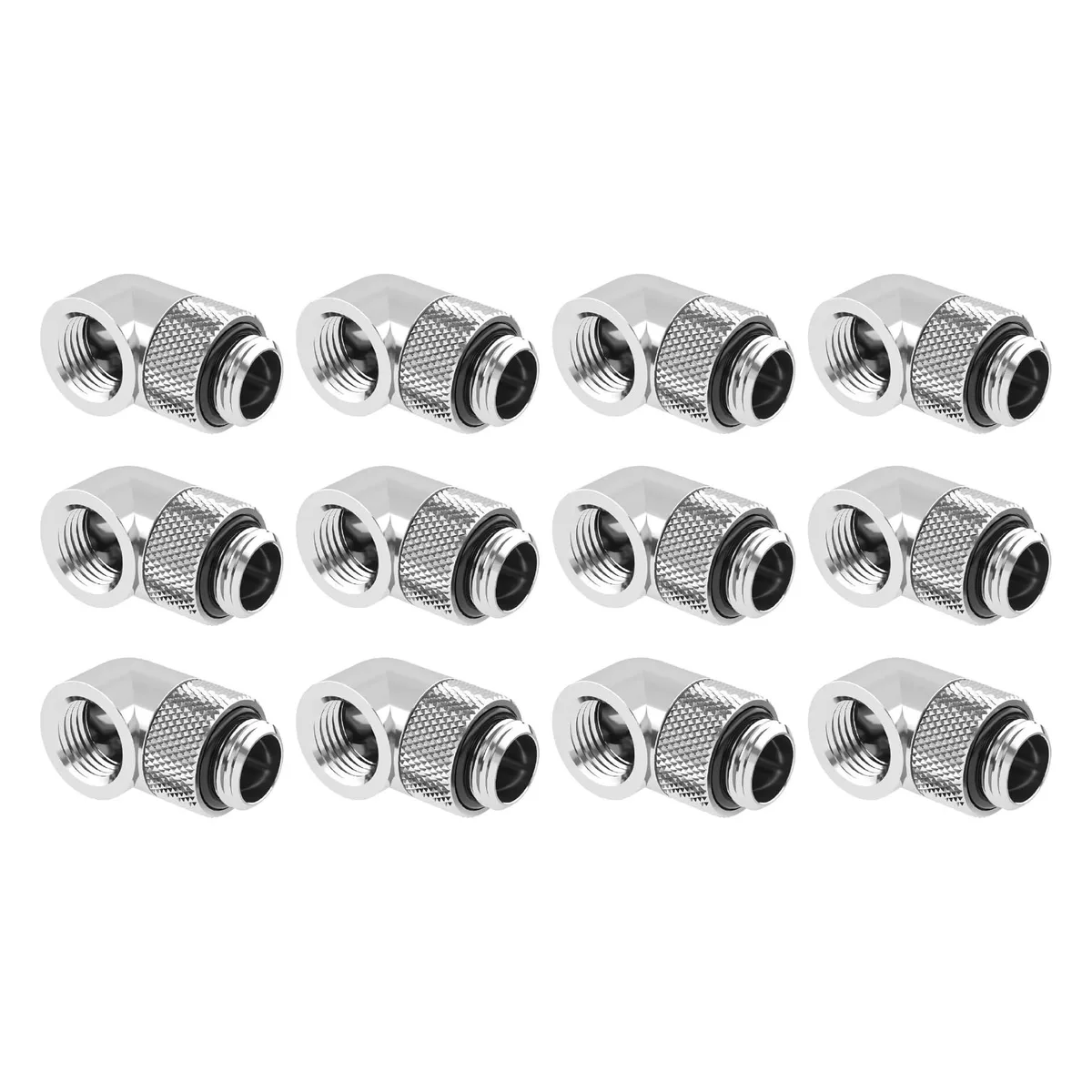 Twelve silver nickel-plated brass 90-degree rotary G1/4 fittings with knurled collars and O-rings