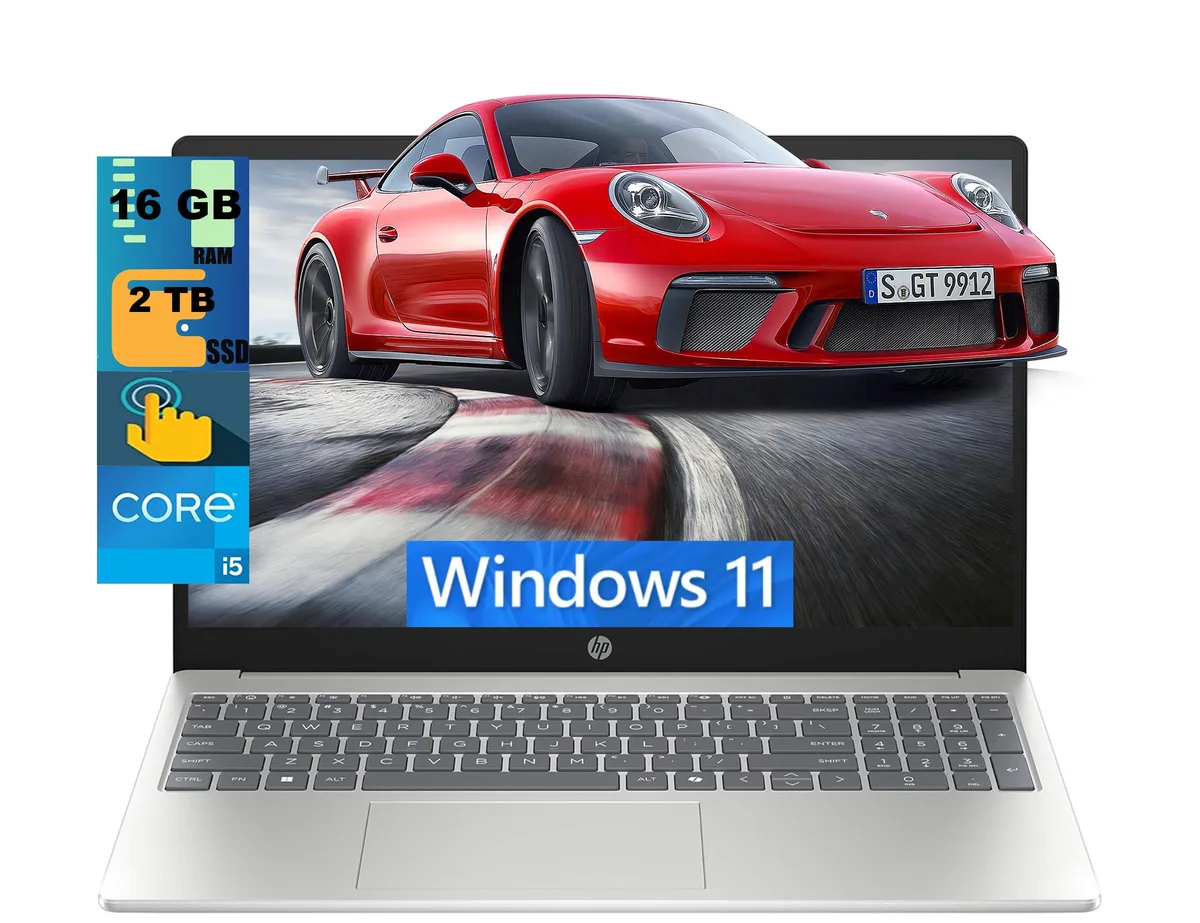Silver HP 15 laptop with 15.6 inch FHD touchscreen, slim profile
