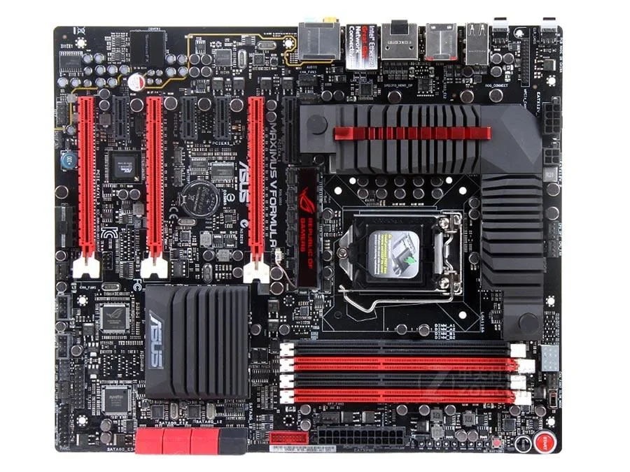 ATX motherboard with black and red heatsinks, LGA 1155 socket and DDR3 slots