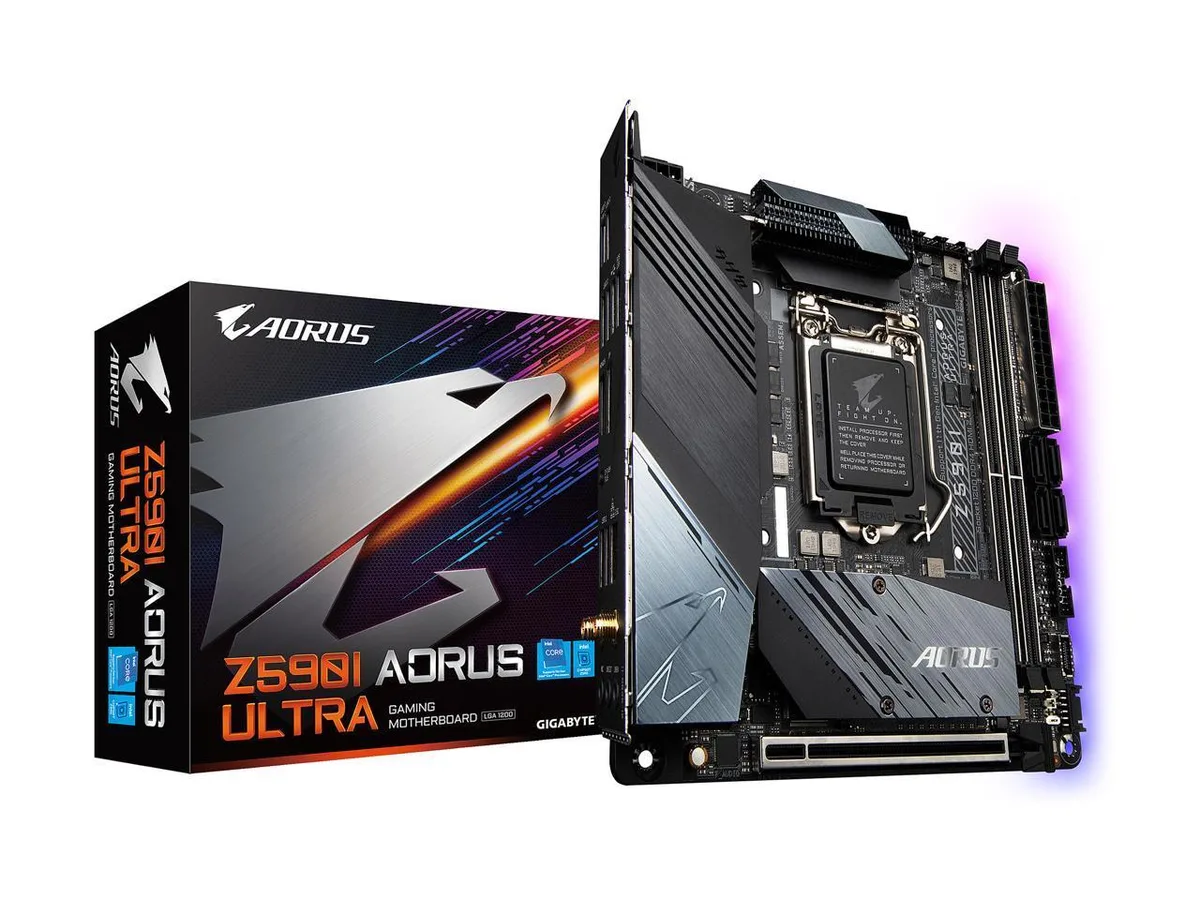 Mini-ITX motherboard with black heatsinks and silver VRM covers