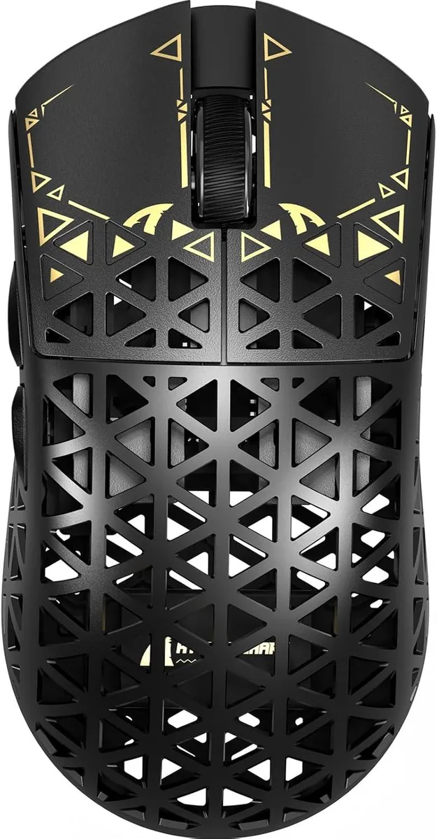 Black ultra-lightweight carbon fiber wireless gaming mouse with honeycomb shell, 39g