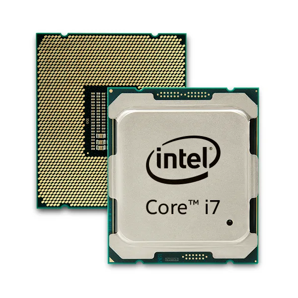 A square desktop CPU with gold contacts on a green substrate, silver integrated heat spreader showing model markings