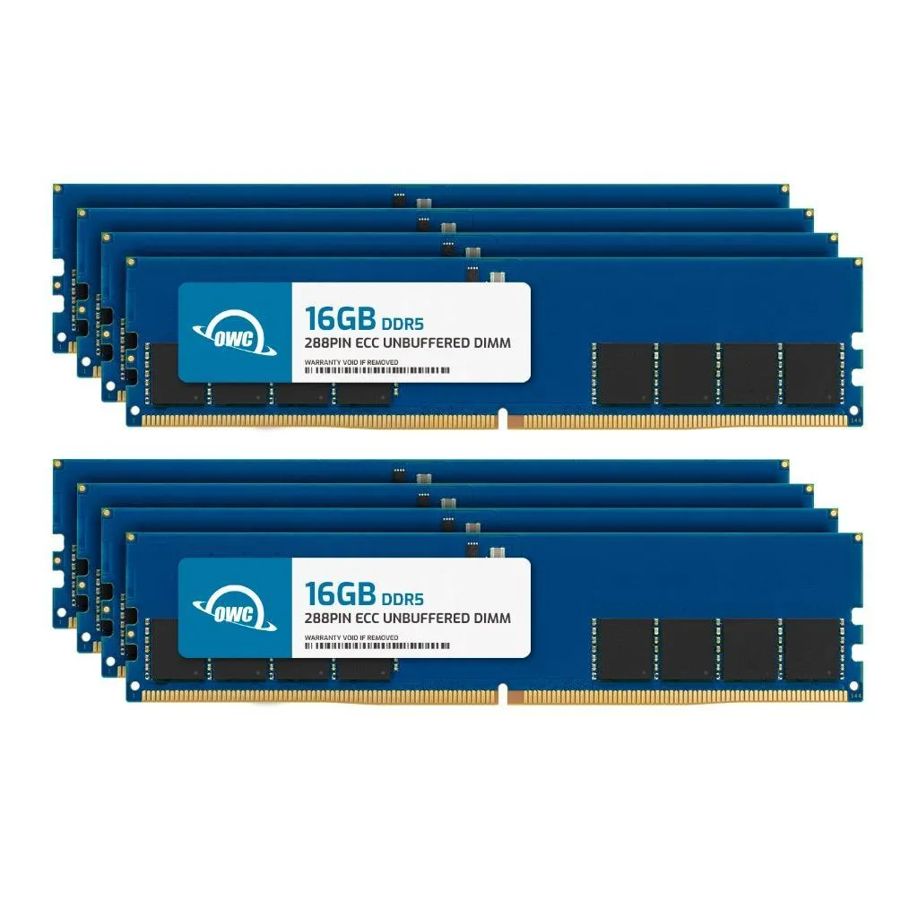 Eight black DDR5 UDIMM modules in a row