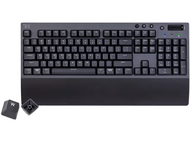 Black gaming keyboard with palm rest, Cherry MX Red switches, wireless dongle and USB-C cable