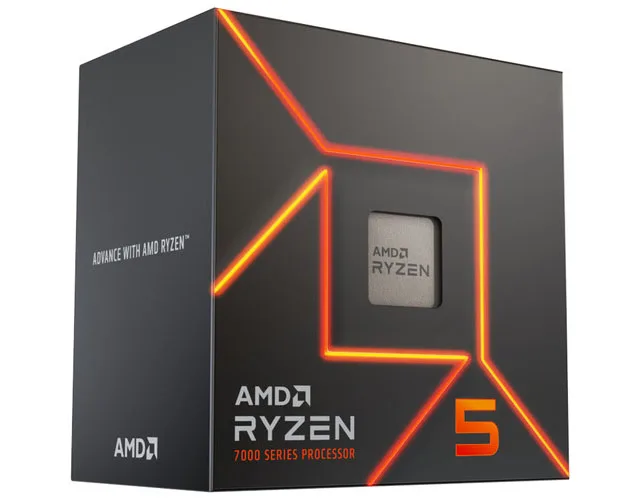 Square green PCB processor with gold contacts and silver heat spreader labelled Ryzen 5 7600