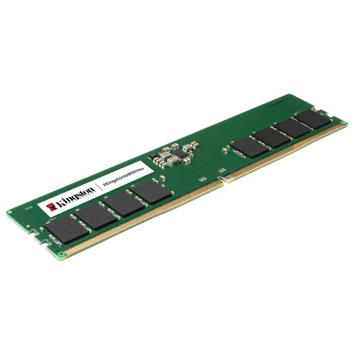 Green circuit board with black memory chips and gold edge connector