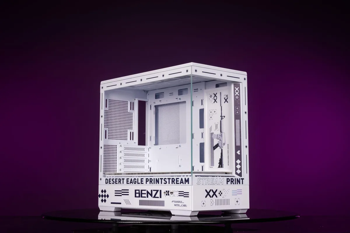 White and blue mid-tower case with tempered glass side panel and CS GO themed accents