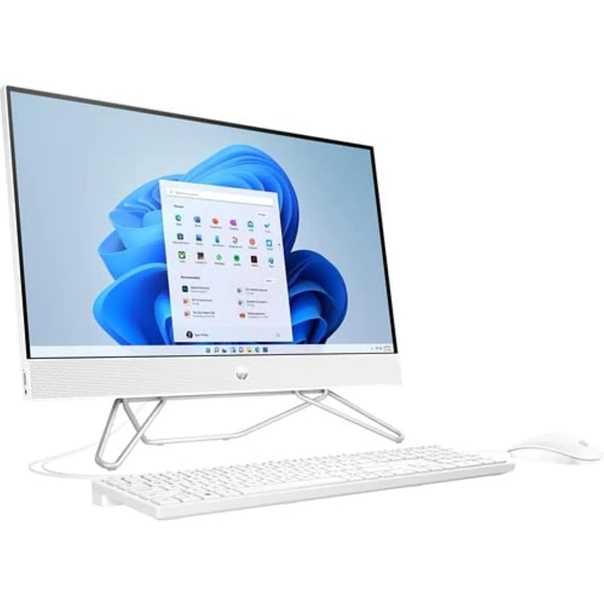 White all-in-one desktop with 23.8 inch screen, thin bezels, built-in speakers, minimalist stand