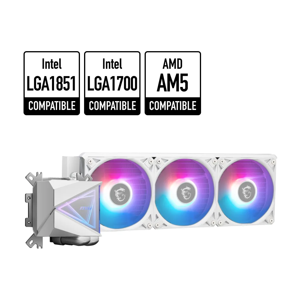 White all-in-one liquid cooler with 360mm radiator, triple 120mm ARGB fans and infinity mirror pump block