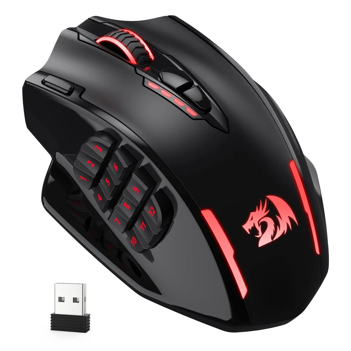 Black right-handed gaming mouse with 12 side buttons and RGB lighting