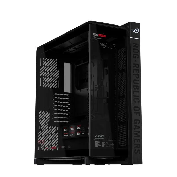 Black mid-tower case with curved brushed aluminum frame and three tempered glass side panels