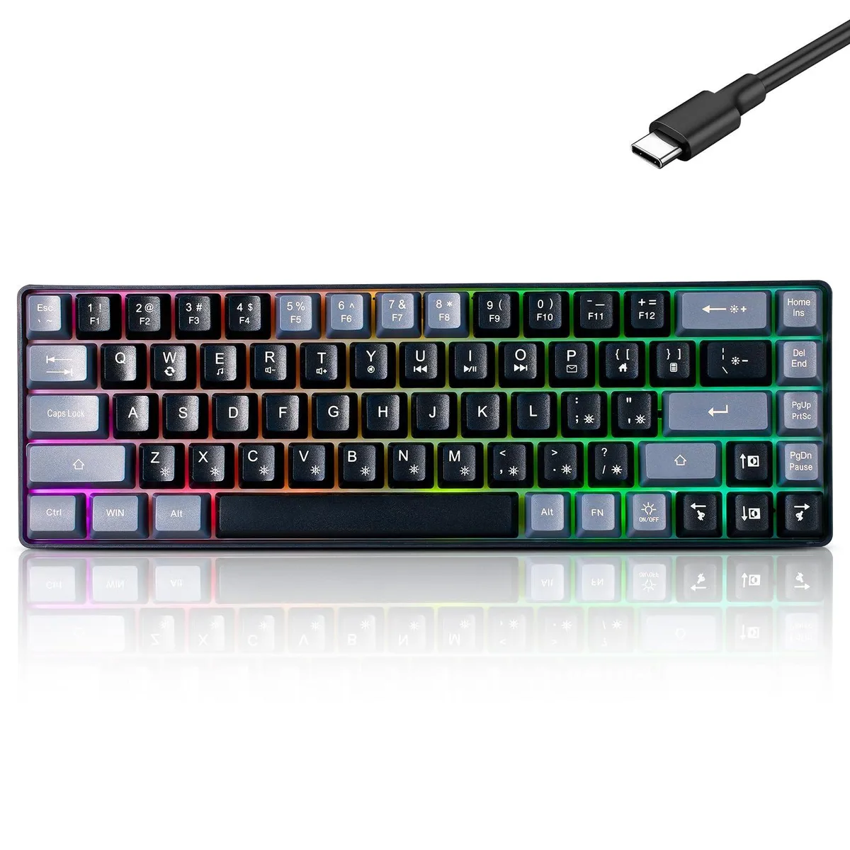 Compact 60 percent mechanical keyboard in black grey with RGB backlighting